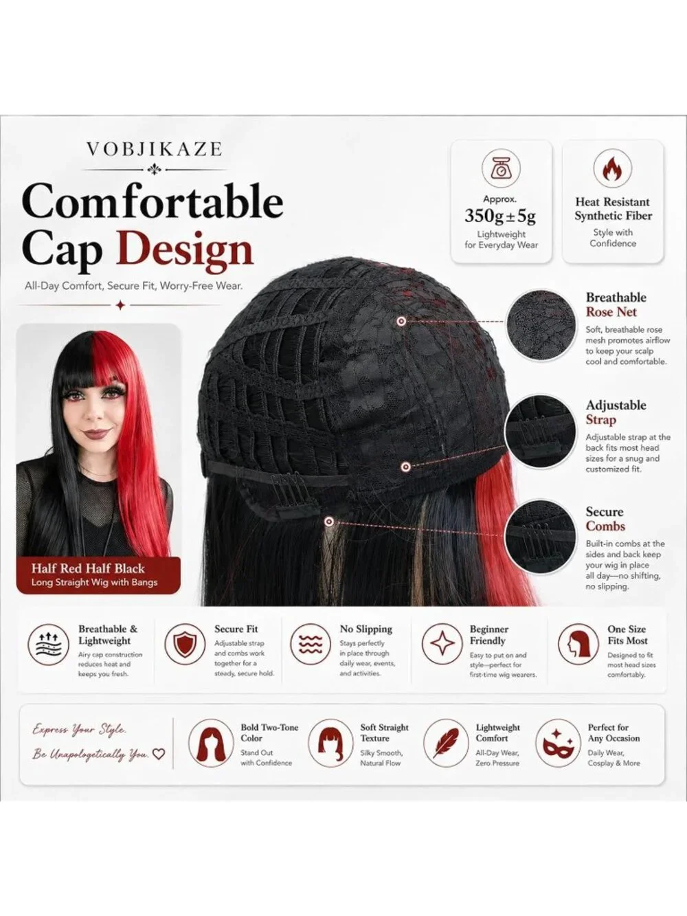 Women's Red Black 26 Inch Heat Resistant Synthetic Long Straight Wigs Bangs